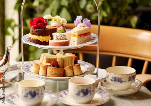 Afternoon tea in the restaurant garden, English tradition and luxury service, tea cups, cakes, scones, sanwiches and desserts, holiday table decor and afternoon tea stand, generative ai