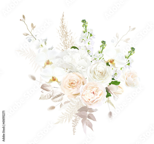 Ivory beige and white flowers vector design bouquet. Creamy rose, white orchid, matthiola, hydrangea
