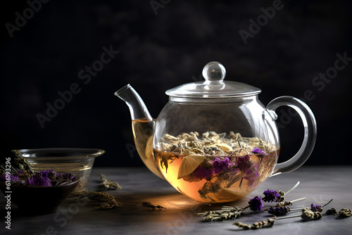 Herbal tea with flowers in glass teapot on dark background. AI generated