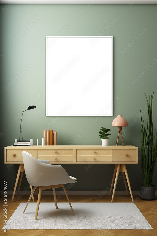 Desk with an orange and green geometric lithograph, in the style of minimalist backgrounds, circular shapes, muted colorscape mastery, poster art, sunrays shine upon it, symmetrical arrangement, nos Desk with an orange and green geometric lithograph, in the style of minimalist backgrounds, circular shapes, muted colorscape mastery, poster art, sunrays shine upon it, symmetrical arrangement, nos