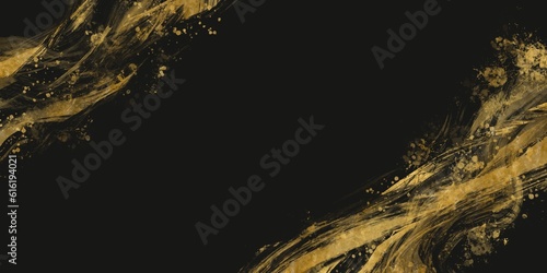 和風ダーク抽象横長テンプレート。黒背景の対角線上に金色の筆跡とスプラッシュ