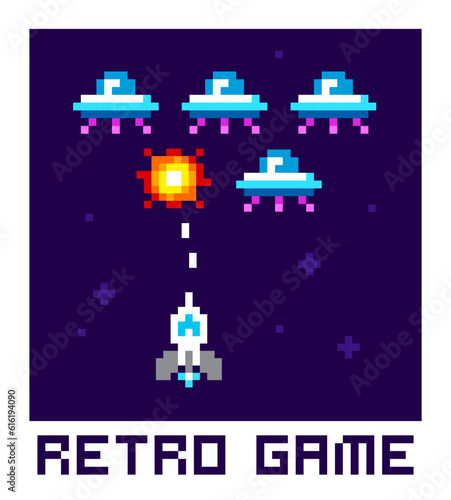  Space Arcade in 8-bit retro video game style pixel graphics. Geek Poster with vintag computer game screen vector illustration
