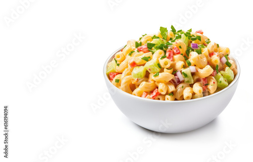 Delicious Bowl of Hawaiian Macaroni Pasta Salad Isolated on a White Background.