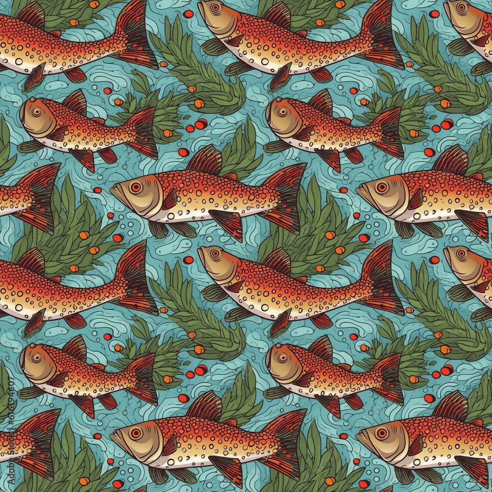 Fishes in underwater habitat cartoon style seamless pattern. Generative AI Fishes in underwater habitat cartoon style seamless pattern. Generative AI
