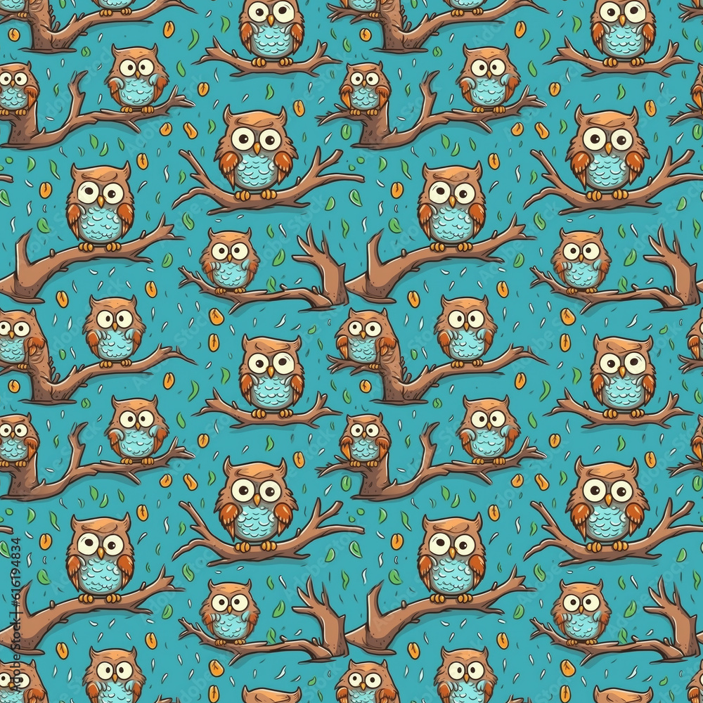 Fototapeta premium Modern cartoon style owl seamless pattern design. Generative AI 4