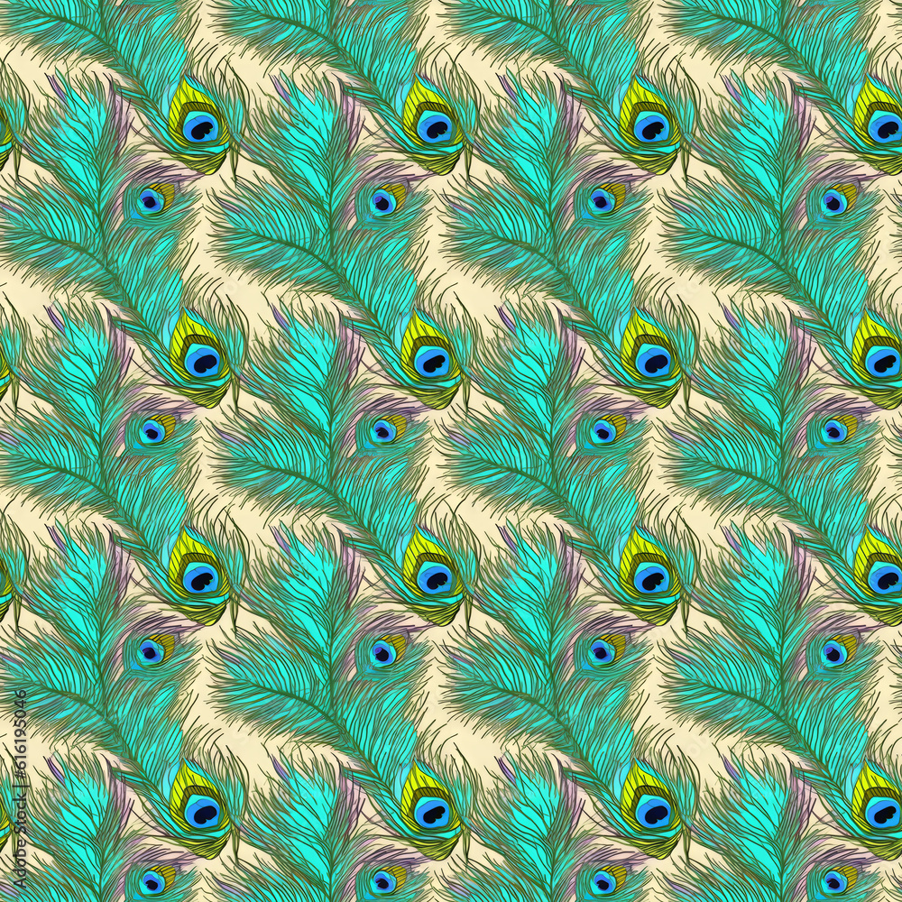 Obraz premium Modern seamless pattern design with colour peacocks feathers. Generative AI 2