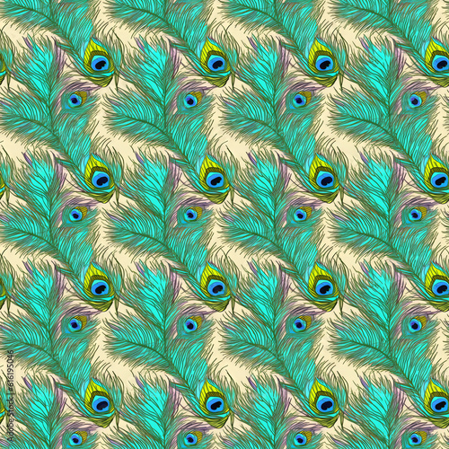 Modern seamless pattern design with colour peacocks feathers. Generative AI 2