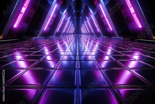 Sci-fi futuristic background wall tunnel with glowing neon multi color lighting effects Generative AI Illustration