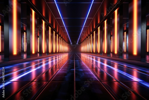Sci-fi futuristic background wall tunnel corridor with glowing neon multi color lighting effects Generative AI Illustration