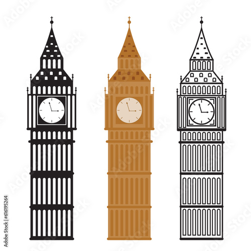 Big ben London set, style, cartoon, outline, stencil, vector isolated illustration