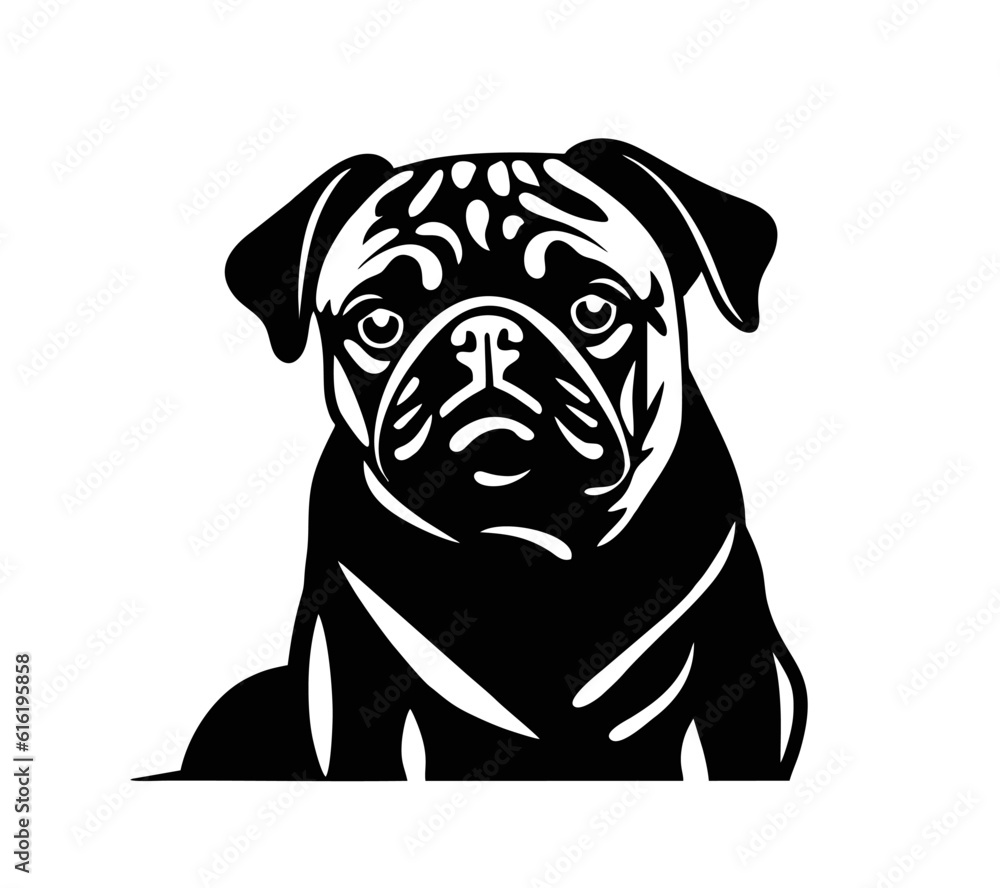 Vector isolated one single sitting Pug dog head front view black and white bw two colors silhouette. Template for laser engraving or stencil, print for t shirt Vector isolated one single sitting Pug dog head front view black and white bw two colors silhouette. Template for laser engraving or stencil, print for t shirt