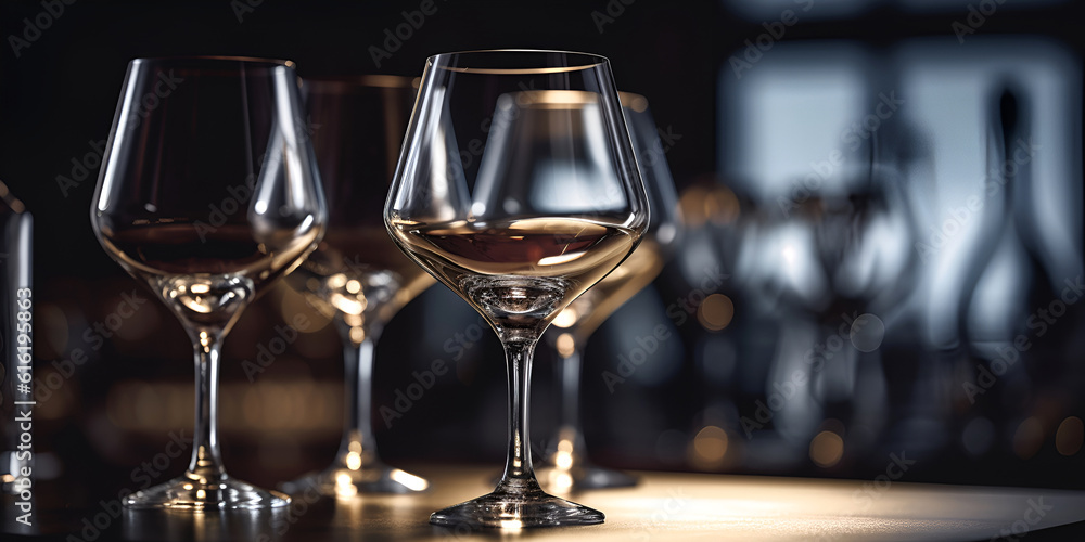 Empty transparent wine glasses on a table on dark background. AI generated Empty transparent wine glasses on a table on dark background. AI generated