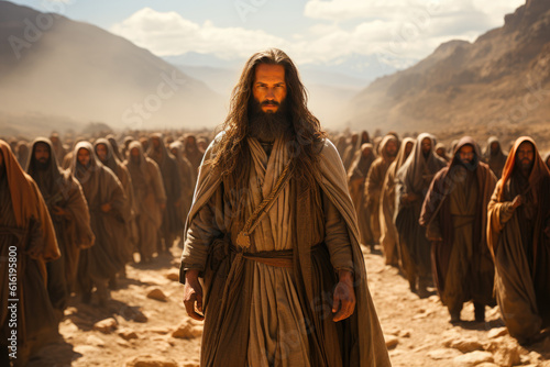 Illustration of Joshua leading the people of Israel in the desert on the way to Canaan Generative AI