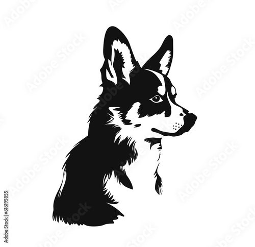 Vector isolated one single sitting Welsh Corgi Pembroke dog head side view black and white bw two colors silhouette. Template for laser engraving or stencil
