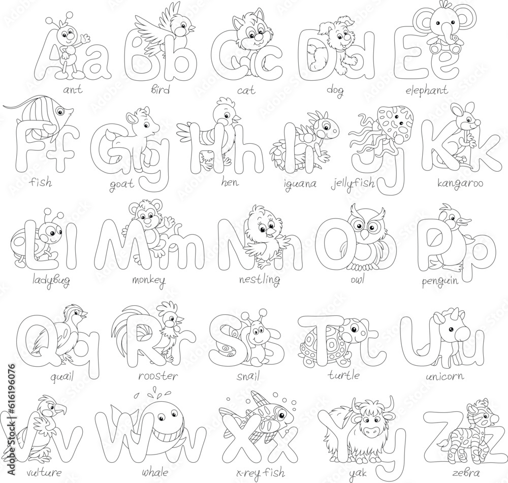 English alphabet and dropped capitals with funny toy animals, a set of black and white outline vector cartoon illustrations for a coloring book