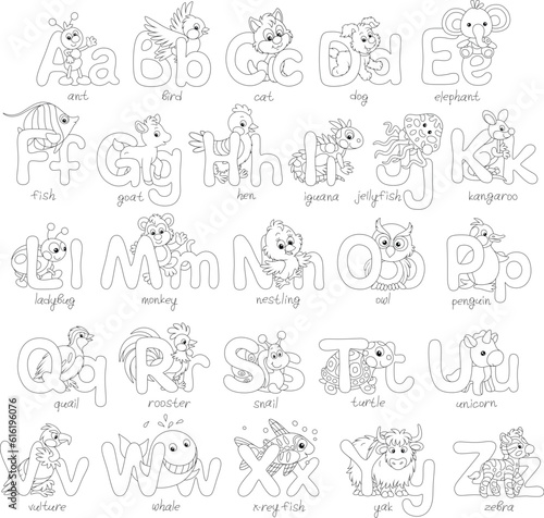 English alphabet and dropped capitals with funny toy animals  a set of black and white outline vector cartoon illustrations for a coloring book