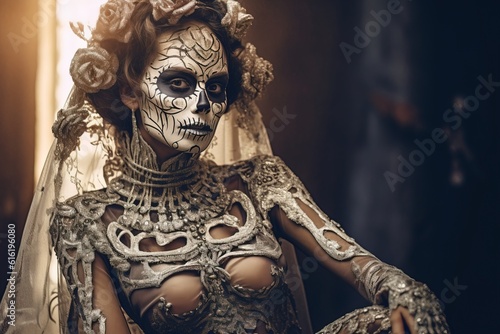 Indoor portrait of woman in halloween costume.