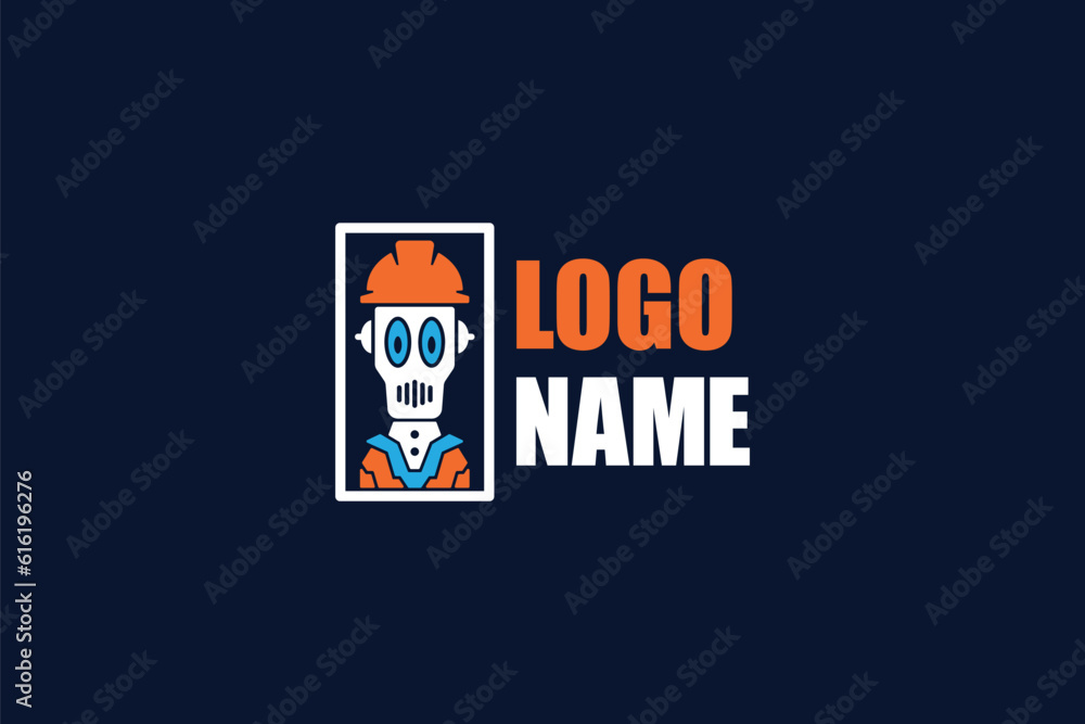 Creative logo design designated to construction company or workshop. This logo design depicts a robot wearing headgear.
