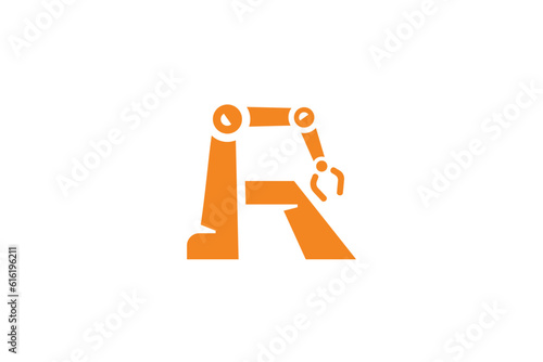 Creative logo design designated to construction company or workshop. This logo design depicts a robotic arm shaped like the letter R. 
