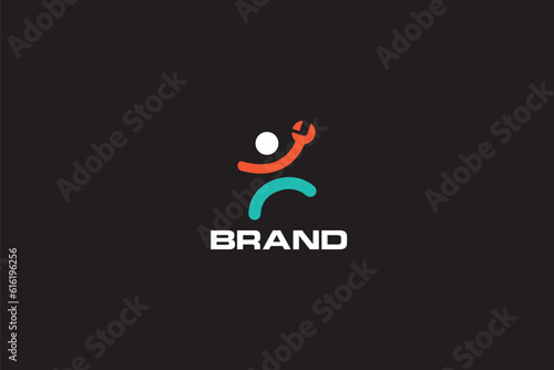 Creative logo design designated to construction company or workshop. This logo design depicts a man with a hand shaped like a wrench. 
