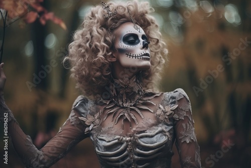 Death bride. Woman in halloween costume in forest photo