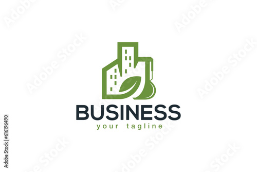 Creative logo design designated to a construction company. This logo design depicts an excavator shaped like a city with a green leaf on the side. 