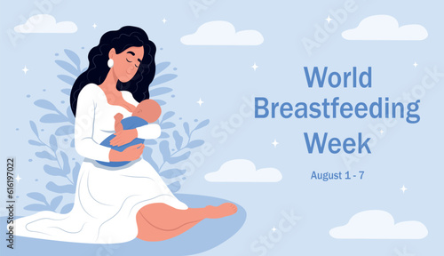 World Breastfeeding Week. August 1-7. Illustration of breastfeeding, a mother breastfeeds a child. Illustrations in cartoon style.