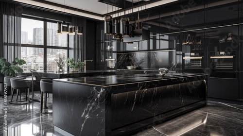 A modern kitchen. Sleek and minimalist cabinets with a high-gloss finish, a large island with a white marble countertop, and a set of designer appliances in stainless steel. Generative AI