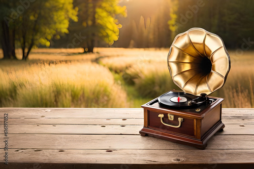 old gramophone on the table photo