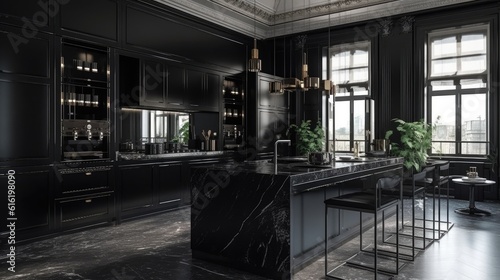 A modern kitchen. Sleek and minimalist cabinets with a high-gloss finish, a large island with a white marble countertop, and a set of designer appliances in stainless steel. Generative AI
