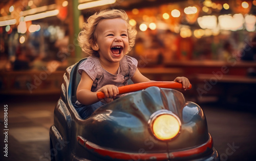 A happy toddler laughs and has fun on a bumper car