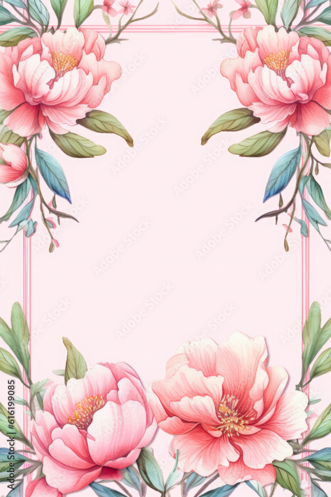 Watercolor floral seamless border illustration with green leaves, Peonies flowers, leaves branches , wedding invitation card template, greetings, wallpapers, fashion, prints.