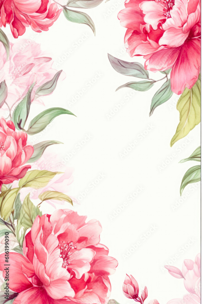 Watercolor floral seamless border illustration with green leaves, Peonies flowers, leaves branches , wedding invitation card template, greetings, wallpapers, fashion, prints.