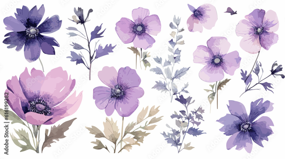 Purple Watercolor Blooms: Vector Illustration of Vibrant Floral Beauty