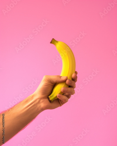 muscular male fist holding banana with pink background, gay pride concept, promotion of love and tolerance. hetrero or  same-sex love, muscular male fist holding banana with pink background photo