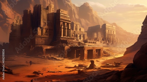 Ancient city buried deep within a desert or underwater realm. Depict its crumbling architecture, intricate statues, and the sense of wonder and mystery that surrounds this forgotten civilization