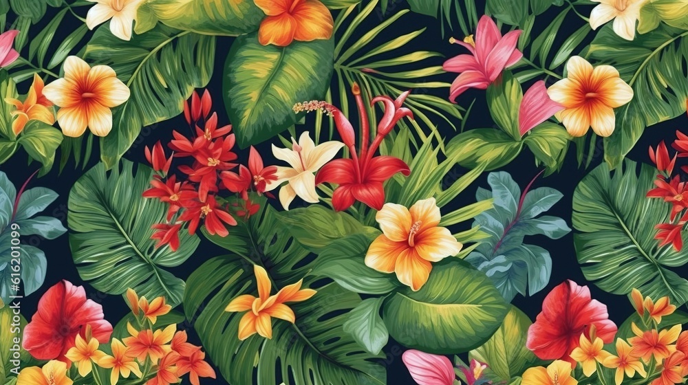 Tropical floral pattern with bright hibiscus flowers and exotic palm leaves. Exotic jungle wallpaper. Generative AI. Illustration for textile, fabric, interior design, packaging, greeting card, print. Tropical floral pattern with bright hibiscus flowers and exotic palm leaves. Exotic jungle wallpaper. Generative AI. Illustration for textile, fabric, interior design, packaging, greeting card, print.