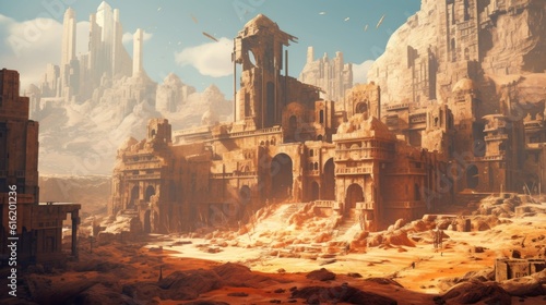 Ancient city buried deep within a desert or underwater realm. Depict its crumbling architecture, intricate statues, and the sense of wonder and mystery that surrounds this forgotten civilization