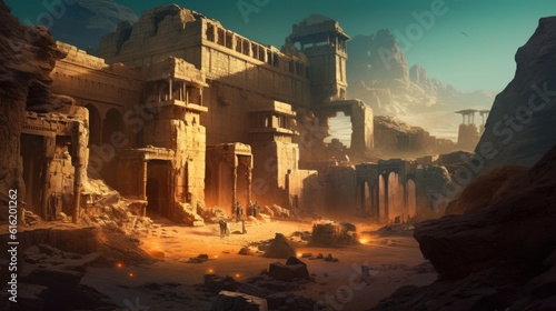 Ancient city buried deep within a desert or underwater realm. Depict its crumbling architecture, intricate statues, and the sense of wonder and mystery that surrounds this forgotten civilization