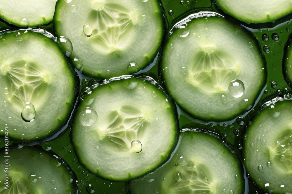 Top view cucumber slices in water with bubbles, ai generative Top view cucumber slices in water with bubbles, ai generative