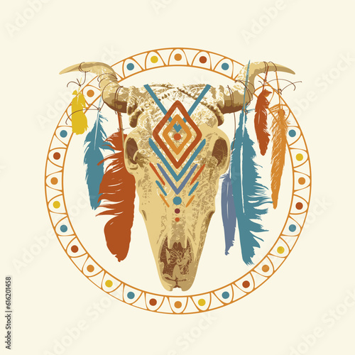 ethnic indian, american or mexican bull or cow skull with feathers on horns with folk ornament. vector illustration, logo or symbol. poster, card, invitation design