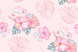 Designed with floral patterns painted with watercolors with elegant patterns.Seamless pattern of hibiscus flowers and tropical leaves on the Orose Rose background.Bright fabric pattern in summer.
