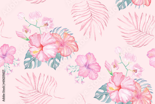 Designed with floral patterns painted with watercolors with elegant patterns.Seamless pattern of hibiscus flowers and tropical leaves on the Orose Rose background.Bright fabric pattern in summer. 