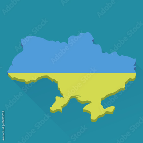 Map of Ukraine in the colors of the Ukrainian flag in 3D on a blue background in the style of flat design