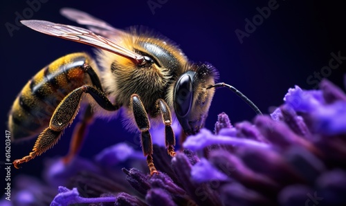  a close up of a bee on a purple flower with a black back ground and a blue back ground with a black back ground and a black back ground.  generative ai © Anna