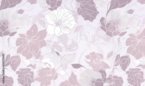 Wallpaper Mural  a floral wallpaper pattern with pink and white flowers on a light purple background with white and gray leaves and flowers on a light purple background.  generative ai Torontodigital.ca