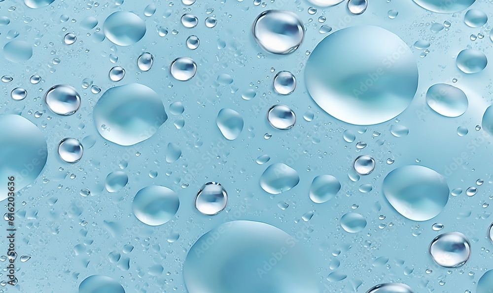  a close up of water droplets on a blue surface with a light blue sky in the back ground and a light blue sky in the back ground.  generative ai