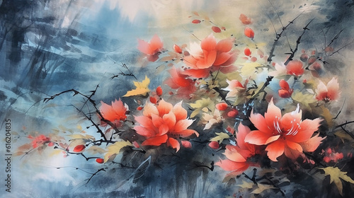 Flower Art Print in Chinese Ink Painting Style - Vivid Colors and Soft Flora on Tree Branches - Generative AI