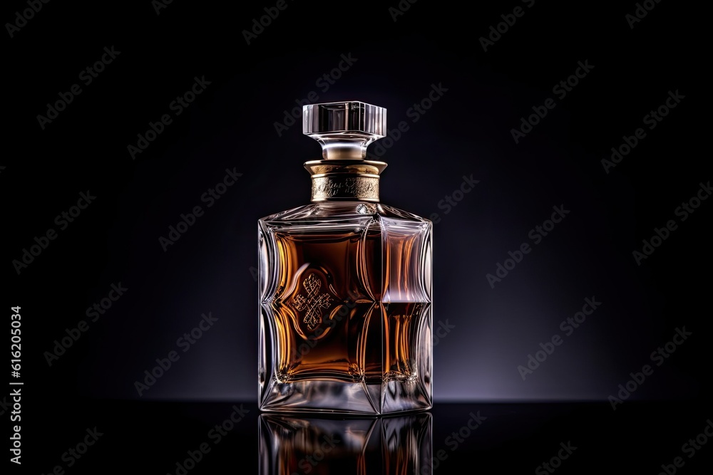 Elegant transparent bottle perfume on black background. Genaretive Ai Elegant transparent bottle perfume on black background. Genaretive Ai