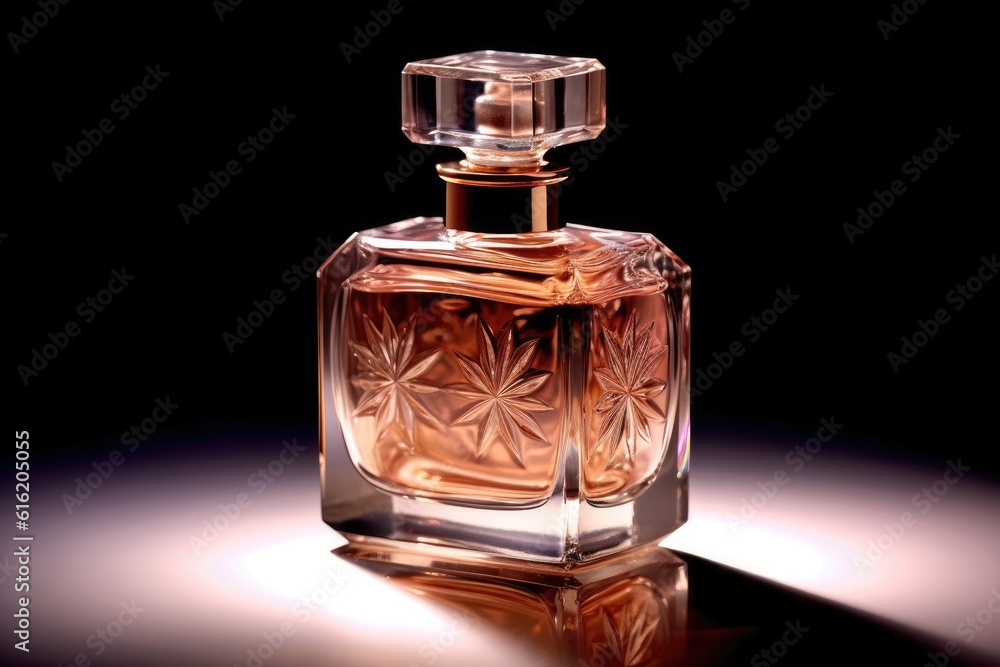Elegant transparent bottle perfume on black background. Genaretive Ai Elegant transparent bottle perfume on black background. Genaretive Ai